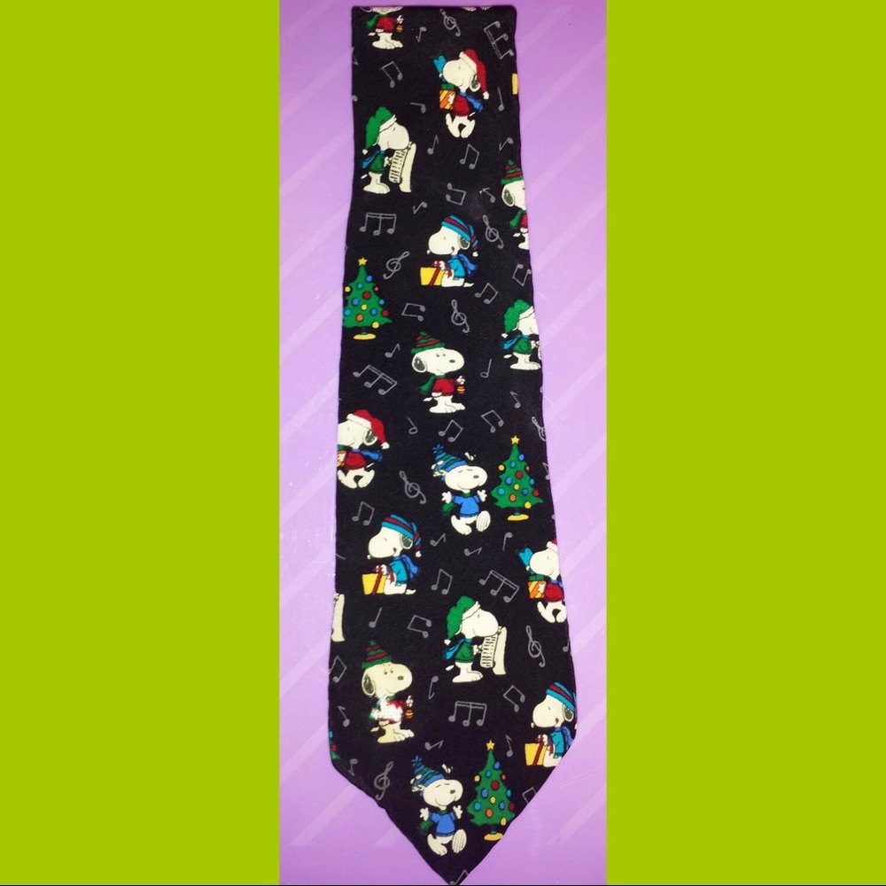 🎄Vintage Peanuts SNOOPY I LOVE Christmas Musical Notes Silk Holiday Mens Necktie